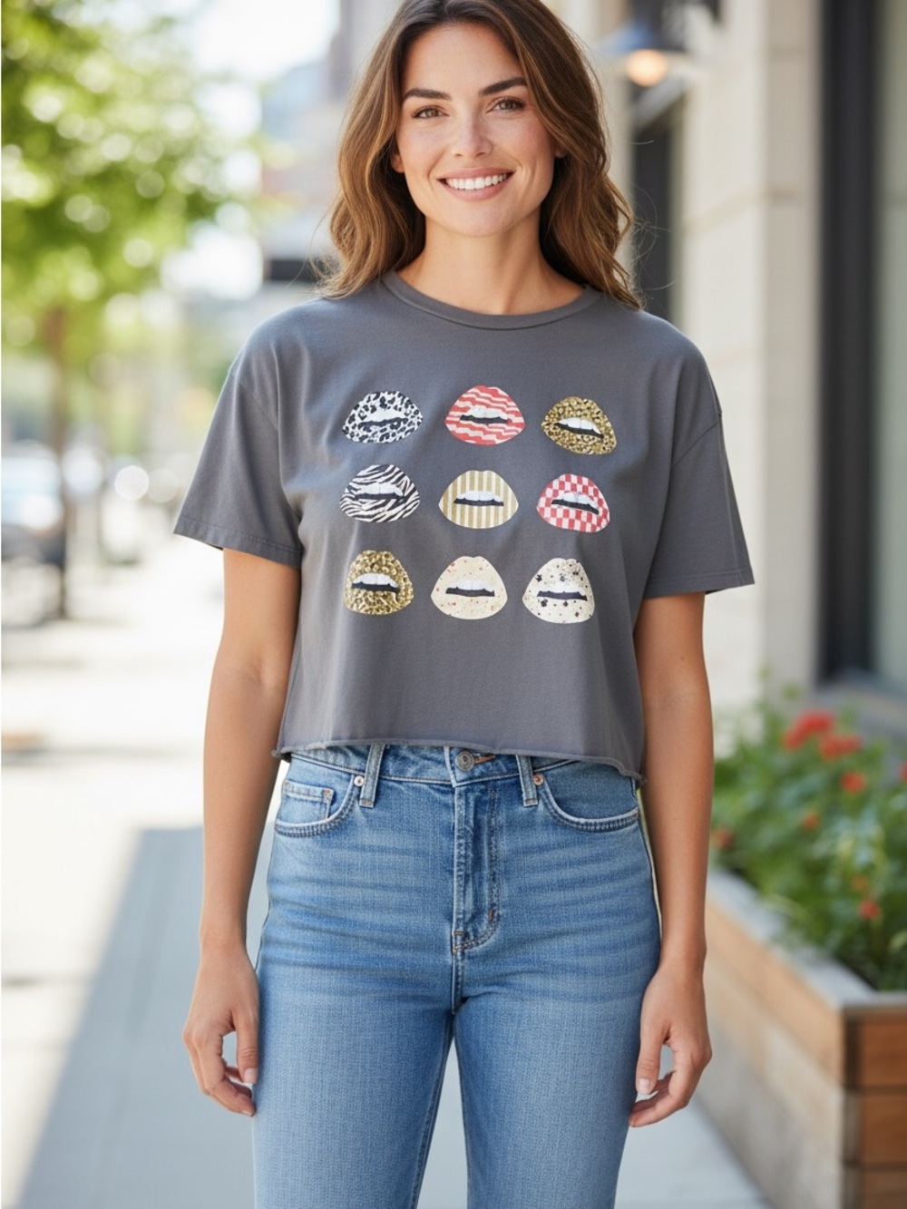 Grayson Threads Gray Crop Tee with Multicolor Lip Prints